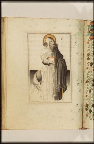St. Antony Abbot of Egypt holding a book, a bell and a staff, with a pig