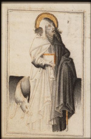 St. Antony Abbot of Egypt holding a book, a bell and a staff, with a pig