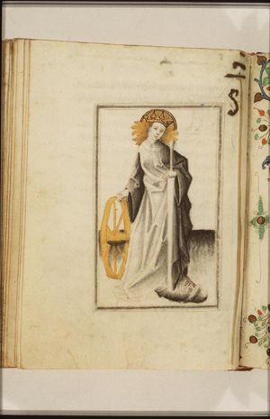 St. Catherine of Alexandria holding a sword and a wheel, with Emperor Maxentius at her feet