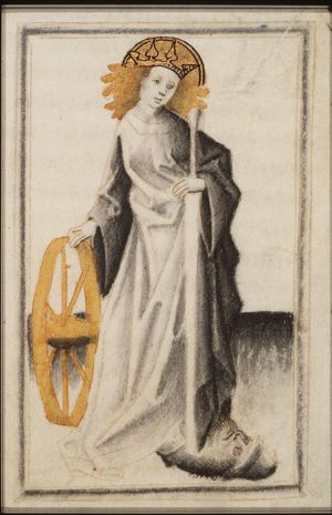 St. Catherine of Alexandria holding a sword and a wheel, with Emperor Maxentius at her feet