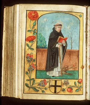 St. Dominic of Calerueja holding a book and a staff, a dog at his feet with a quill in its mouth