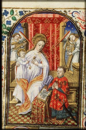 Madonna: Mary enthroned, holding the Christ-child, with Simon de Varie kneeling before her
