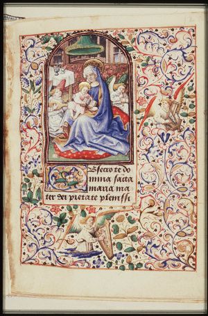 Mary sitting on the ground, reads to the Christ-child
