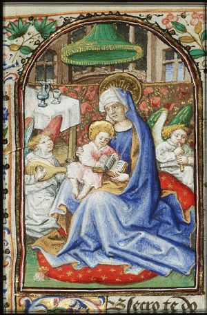 Mary sitting on the ground, reads to the Christ-child