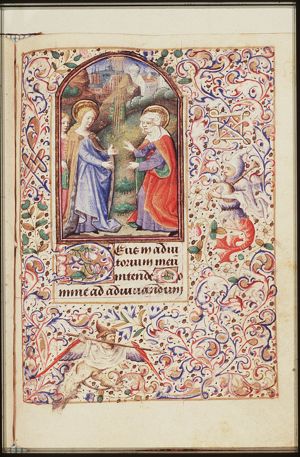 The Visitation: Mary, accompanied by a maid carrying a book, meets St. Elisabeth