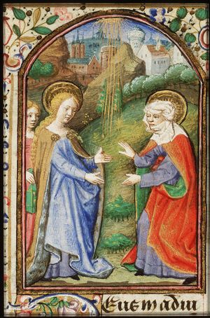 The Visitation: Mary, accompanied by a maid carrying a book, meets St. Elisabeth