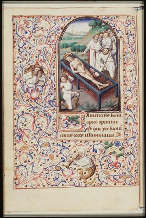 The martyrdom of St. Laurence of Rome: he is roasted on a gridiron