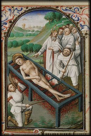 The martyrdom of St. Laurence of Rome: he is roasted on a gridiron