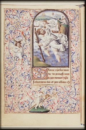 St. Christopher carries the Christ-child, a hermit guiding him with a lamp