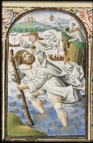 St. Christopher carries the Christ-child, a hermit guiding him with a lamp