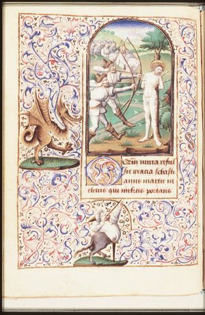 The martyrdom of St. Sebastian: tied to a tree, he is pierced by arrows