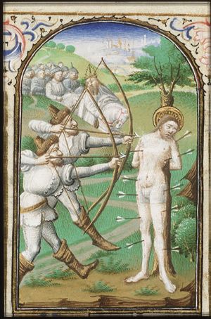 The martyrdom of St. Sebastian: tied to a tree, he is pierced by arrows
