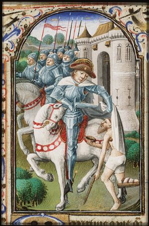 St. Martin, Bishop of Tours, gives part of his cloak to a beggar