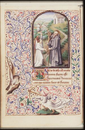 St. Antony Abbot of Egypt holding a rosary and a staff, with an angel