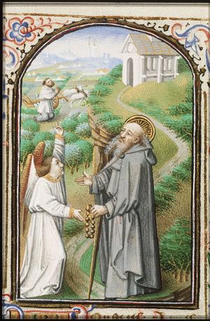 St. Antony Abbot of Egypt holding a rosary and a staff, with an angel