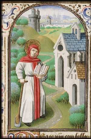 St. Fiacre of Meaux holding a book and a spade