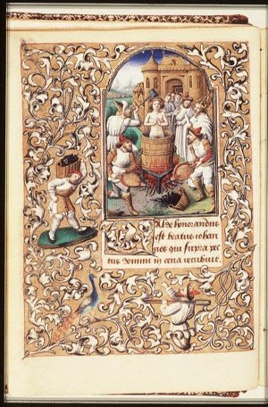 The martyrdom of the Evangelist St. John: he is put in a cauldron of boiling oil