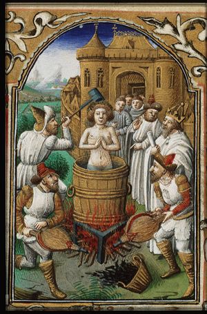 The martyrdom of the Evangelist St. John: he is put in a cauldron of boiling oil