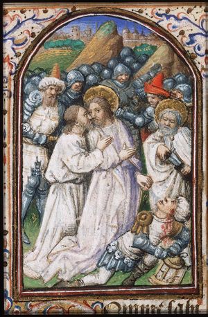 The arrest of Christ: the kiss of Judas; the ear of Malchus cut off by St. Peter