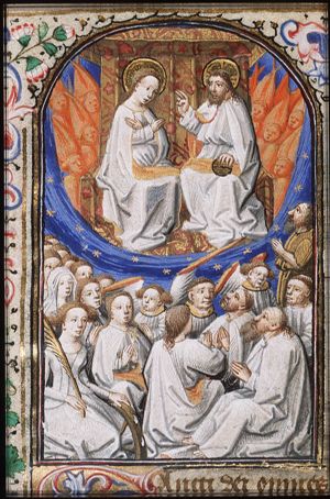 Christ and Mary enthroned in heaven with saints (All Saints)