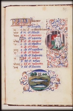 February: a man warming himself at a fire