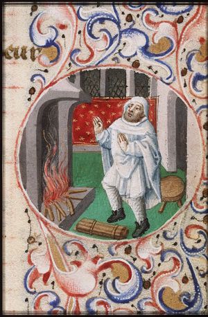 February: a man warming himself at a fire