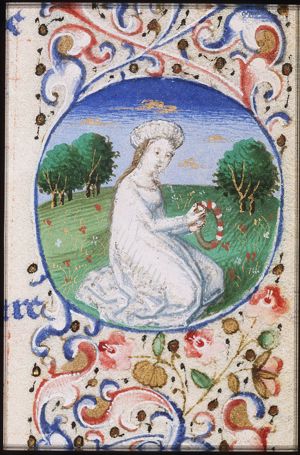 April: a woman holding a wreath of flowers
