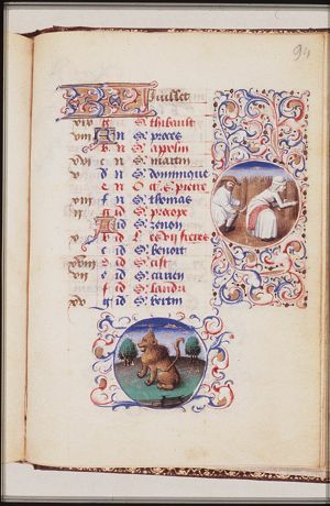 July: a man reaping corn and a woman binding sheaves