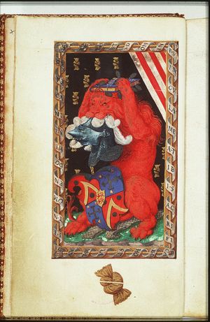 Lion holding a book, a helmet and the coat of arms of Jean Lallemant le Jeune