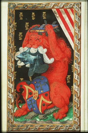 Lion holding a book, a helmet and the coat of arms of Jean Lallemant le Jeune