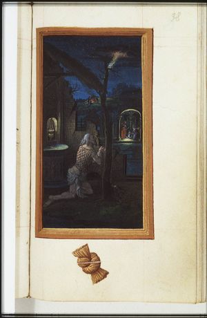 Jean Lallemant le Jeune looking at the Nativity; annunciation of Christ's birth to the shepherds (background)
