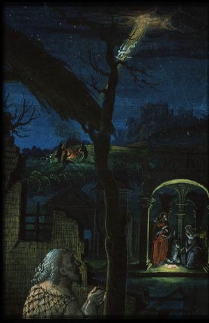 Jean Lallemant le Jeune looking at the Nativity; annunciation of Christ's birth to the shepherds (background)