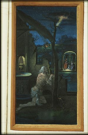Jean Lallemant le Jeune looking at the Nativity; annunciation of Christ's birth to the shepherds (background)