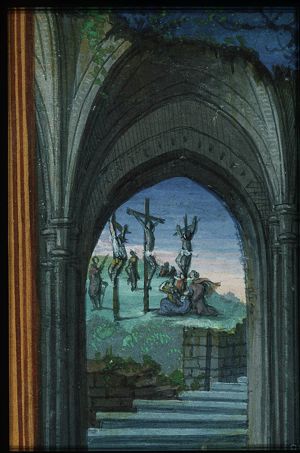 Jean Lallemant le Jeune looking at the Crucifixion with Mary, St. John, the two malefactors and soldiers