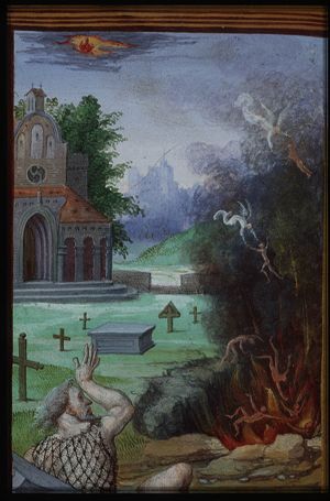 Jean Lallemant le Jeune looking at the Last Judgement: the blessed are carried upwards by angels, the damned are dragged into hell