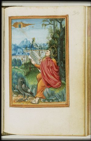 The Evangelist St. John with his symbol the eagle on Patmos: vision of the appearance of the Son of Man
