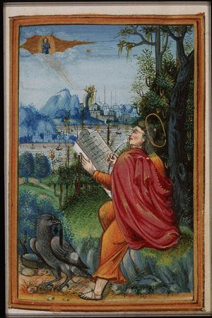 The Evangelist St. John with his symbol the eagle on Patmos: vision of the appearance of the Son of Man