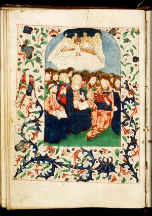 Pentecost: the Holy Spirit descends upon Mary and the apostles