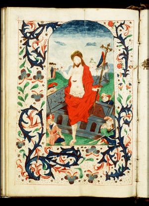 The Resurrection: Christ steps out of his tomb; the three Maries on their way to the tomb (background)