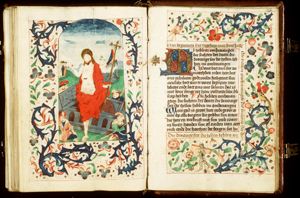 The Resurrection: Christ steps out of his tomb; the three Maries on their way to the tomb (background)