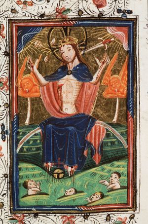The Last Judgement: Christ on a rainbow raises the dead