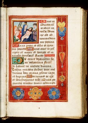 Lamentation: the dead Christ lamented by Mary, St. John, two holy women and Joseph of Arimathaea