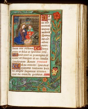 The Nativity: the adoration of the Christ-child by Mary and St. Joseph; annunciation of Christ's birth to the shepherds (background)