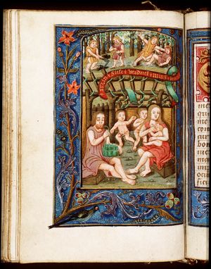 Adam and Eve with their children; Cain and Abel farming (background); Cain slays Abel with a jaw-bone (background)