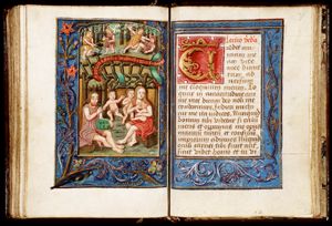 Adam and Eve with their children; Cain and Abel farming (background); Cain slays Abel with a jaw-bone (background)