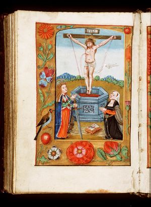 Fons Vitae: Christ on the cross in a fountain shedding his blood, with St. Catherine of Alexandria holding a sword and with a wheel at her feet, and with a female donor kneeling