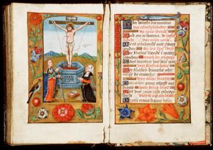 Fons Vitae: Christ on the cross in a fountain shedding his blood, with St. Catherine of Alexandria holding a sword and with a wheel at her feet, and with a female donor kneeling
