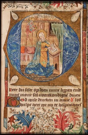 God the Father holding an orb with a cross; Mary praying (initial facing a miniature of the Annunciation)
