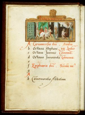 January: people dining; a man warming himself at a fire; Aquarius