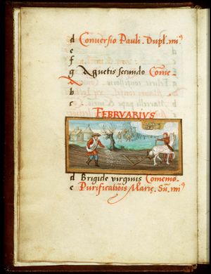 February: people ploughing, sowing and pruning; Aries